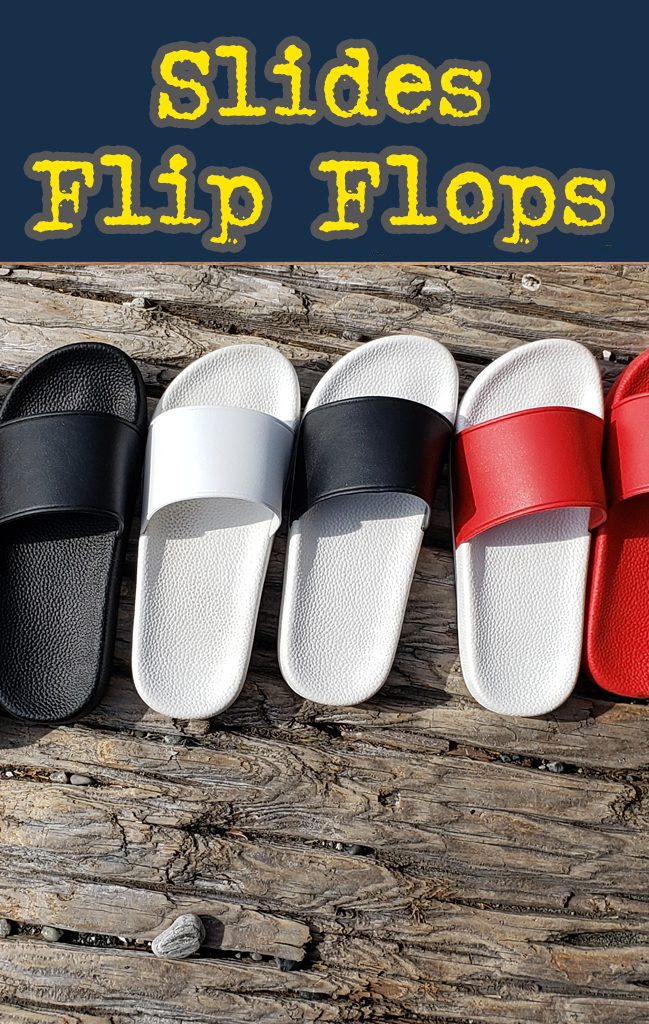 slides, flip flops. Custom wholesale bulk promotional slides.